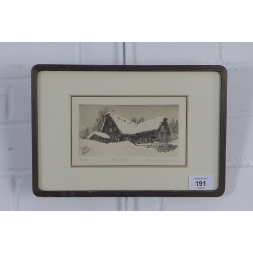 191 - BRIAN WILLIAMS, etching a snow capped dwelling, signed and dated '81, No. 96/100, framed under glass... 