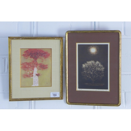 194 - JOICHI HOSHI, two prints of trees, framed under glass, 13 x 16cm (2)