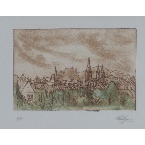 196 - Artist Proof etching of Edinburgh's Skyline, signed indistinctly and framed under glass, 15 x 10cm