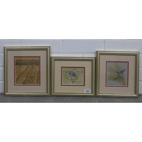 198 - WALLACE,  a group of three watercolours of birds, signed and framed under glass, largest 13 x 15cm (... 