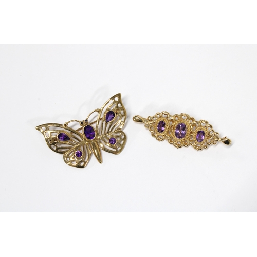 2 - 9ct gold and amethyst butterfly brooch together with a three stone amethyst and 9ct gold brooch (2)