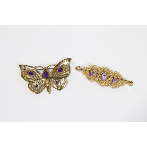 2 - 9ct gold and amethyst butterfly brooch together with a three stone amethyst and 9ct gold brooch (2)