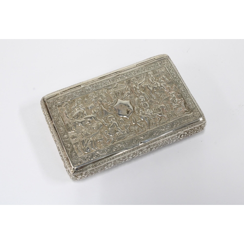 21 - White metal snuff box, all-over repoussé pattern of figures on horseback, hinged lid, apparently uns... 