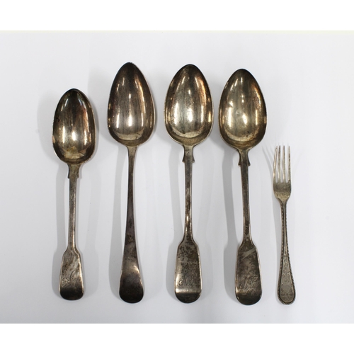 23 - George III silver table spoon London 1800, two Victorian silver table spoons London 1847,  silver fi... 