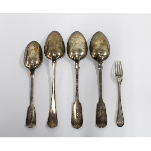 23 - George III silver table spoon London 1800, two Victorian silver table spoons London 1847,  silver fi... 