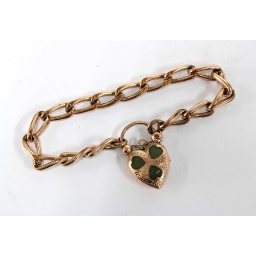 26 - Gold plated bracelet with a 9ct gold heart shaped padlock, inset with three jade leaf panels, Birmin... 