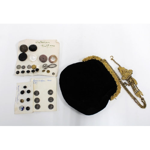 28 - A black velvet bag with gilt metal chatelaine strap containing a set of  six late Victorian silver b... 