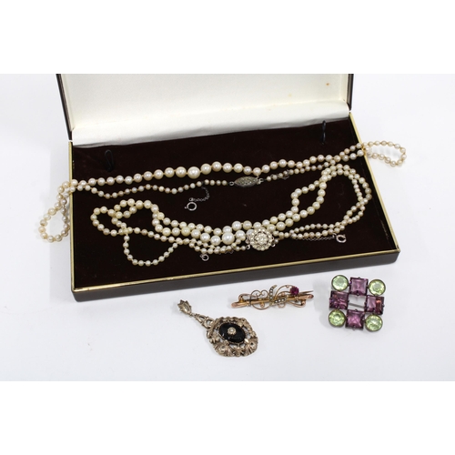 3 - A strand of cultured pearls, Russian silver gilt brooch, 9ct gold amethyst and seed pearl brooch, si... 