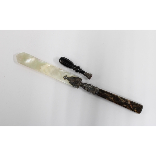 37 - Victorian mother of pearl paper knife with agate handle and white metal mounts together with an agat... 