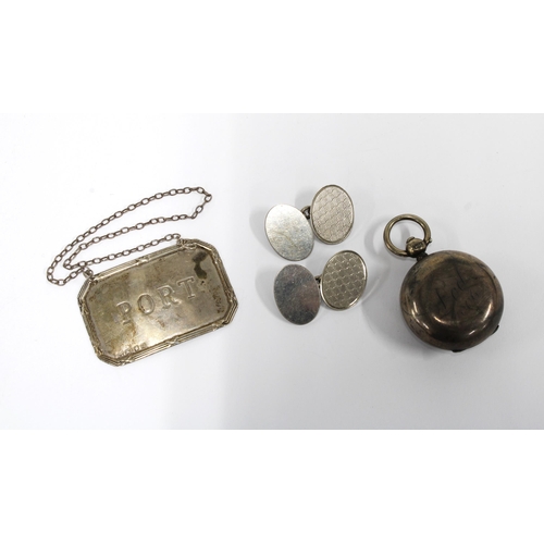 58 - A silver Port decanter label , a pair of silver cufflinks and a silver sovereign coin case (3)