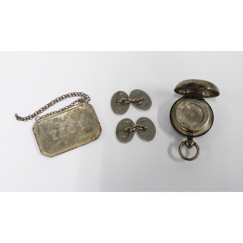 58 - A silver Port decanter label , a pair of silver cufflinks and a silver sovereign coin case (3)