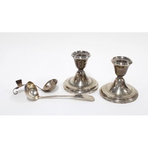 62 - Georgian Scottish silver toddy ladle,  Eastern white metal spoon and a pair of unmarked desk candles... 