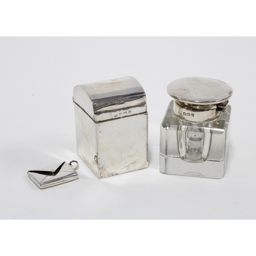 64 - Miniature silver playing cards box, Birmingham 1926, 6cm high, a silver topped glass inkwell and an ... 