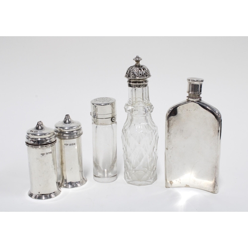 65 - Edwardian silver salt and pepper pots, Sheffield 1909, Victorian silver topped glass jar, London 187... 