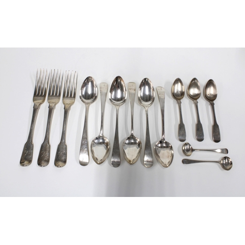 71 - Set of six Scottish silver spoons, Edinburgh 1808, together with three silver table forks, London 18... 