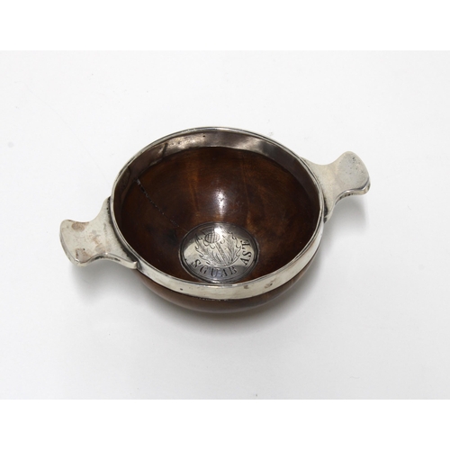 72 - Early 19th century 'Squab Ase' turned wooden and silver mounted quaich c1820, 10cm