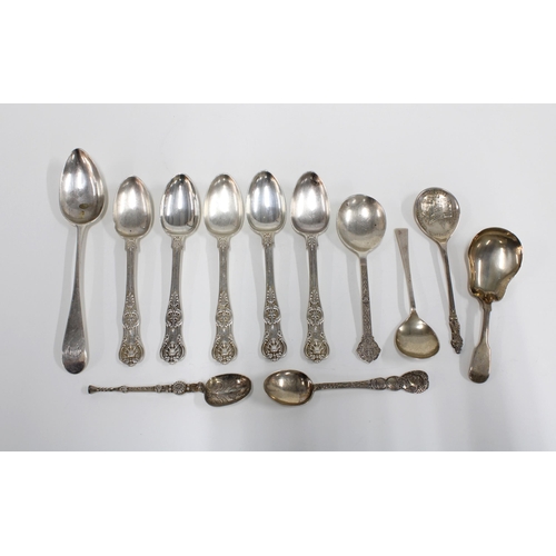 77 - A collection of silver teaspoons with mixed hallmarks and a silver caddy spoon, Glasgow 1821  (12)