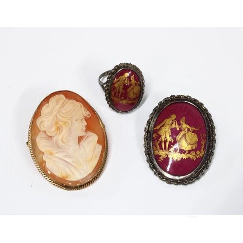 8 - 9ct gold framed Cameo brooch, Limoges porcelain plaque dress ring and matching brooch (3)