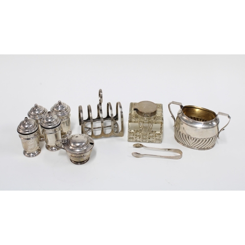 80 - Silver cruet set, silver sugar tongs, silver toast rack London 1916, Victorian silver sugar bowl  an... 