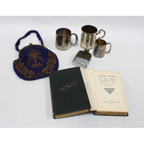 438 - Mixed lot to include Epns christening mugs, a hip flask, beaded evening bag and Robert Burns Poetica... 