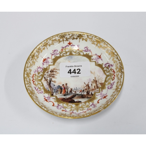 442 - Meissen porcelain saucer with a handpainted scene of two figures and a windmill, blue crossed sword ... 