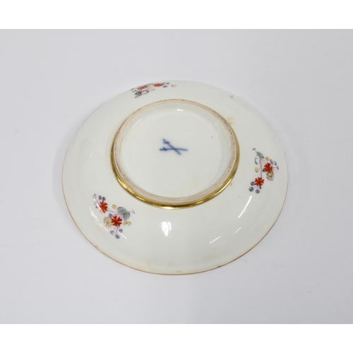 442 - Meissen porcelain saucer with a handpainted scene of two figures and a windmill, blue crossed sword ... 