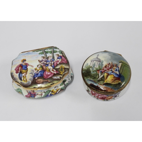 443 - Two 18th century English enamel snuff boxes to include a circular example painted with a courting co... 