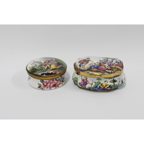 443 - Two 18th century English enamel snuff boxes to include a circular example painted with a courting co... 