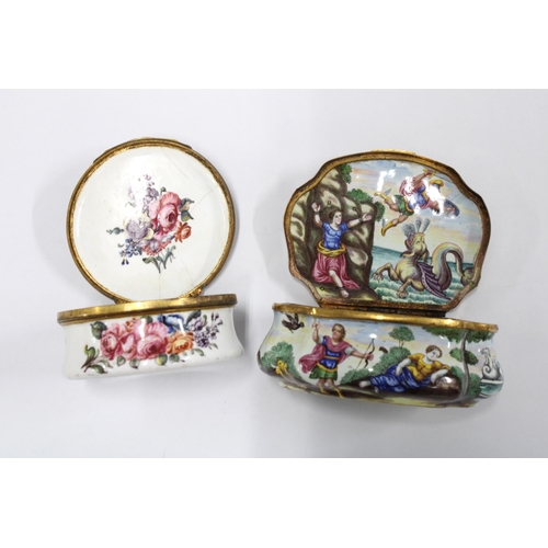 443 - Two 18th century English enamel snuff boxes to include a circular example painted with a courting co... 