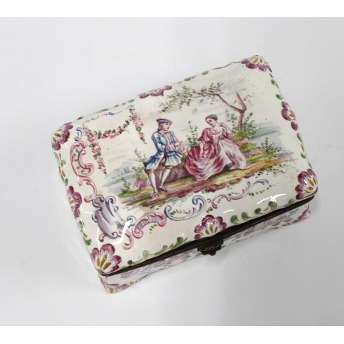 444 - 18th century enamel snuff box, the hinged lid painted with a courting couple, base marked Lille 1767... 