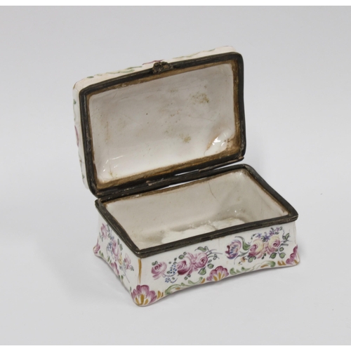 444 - 18th century enamel snuff box, the hinged lid painted with a courting couple, base marked Lille 1767... 