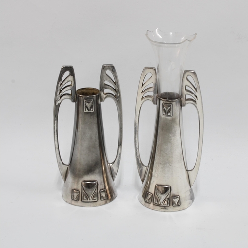 448 - A pair of WMF pewter vases, one glass posy, stamped WMF OX, 14.5cm excluding glass liner (2)