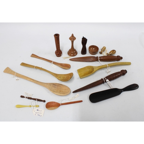 453 - Quantity of Artisan treen to include spoons, scoops and a hand, etc