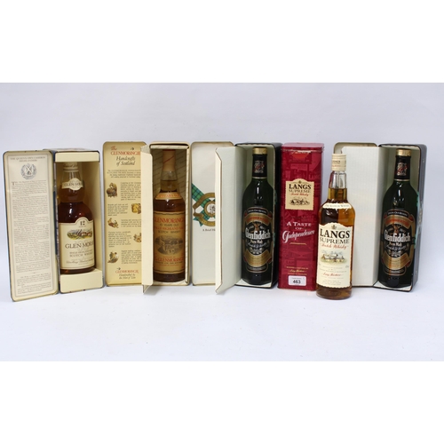 463 - Whisky tins to include Glen Moray aged 12 years, Glenmorangie 10 years, Langs Supreme and two Glenfi... 