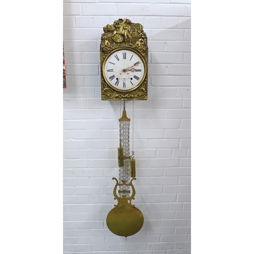 481 - Brass Comtoise wall clock, with pendulum and weights, 28 x 50cm.