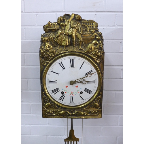 481 - Brass Comtoise wall clock, with pendulum and weights, 28 x 50cm.