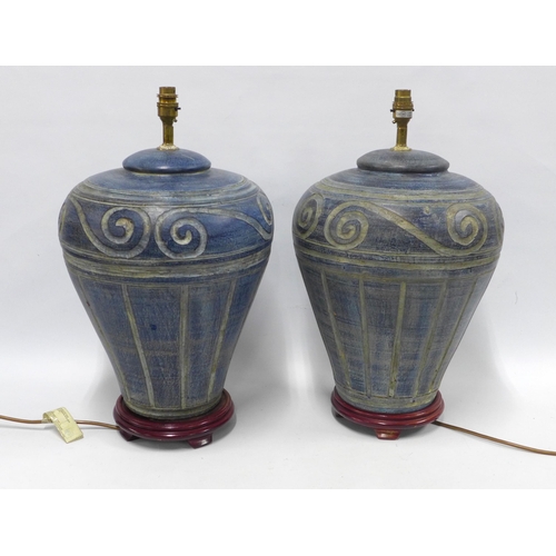 482 - Pair of large blue pottery table lamps, 35 x 54cm.