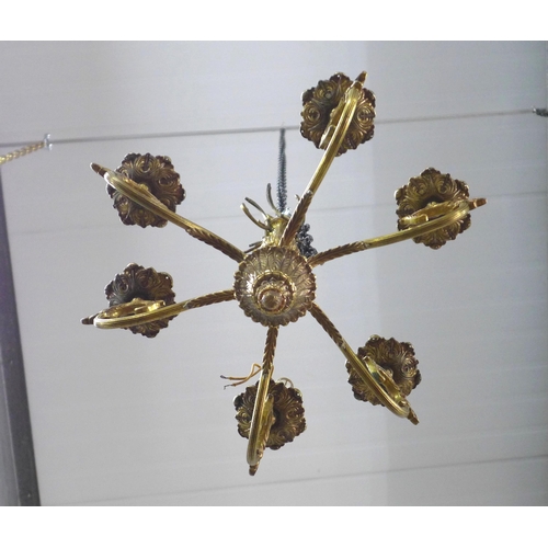 492 - Six branch brass chandelier, 50cm drop