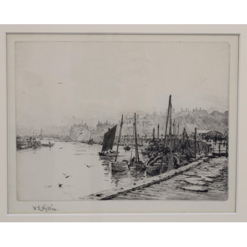 102 - WILLIAM LIONEL WYLLIE (BRITISH 1851-1931), etching of a sea port, signed in pencil and framed under ... 