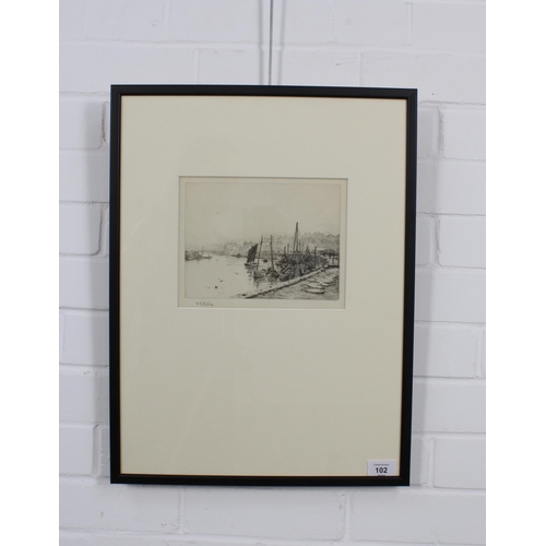 102 - WILLIAM LIONEL WYLLIE (BRITISH 1851-1931), etching of a sea port, signed in pencil and framed under ... 