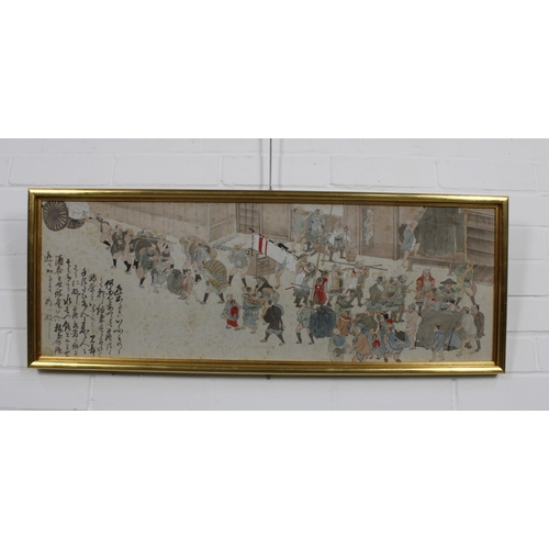 104 - JAPANESE SCHOOL, watercolour of figures with calligraphy, framed under glass, 85 x 28cm