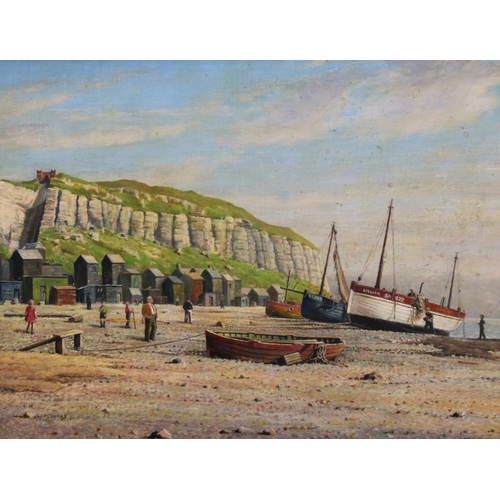 106 - JOS MCINNES (fl. 1920 - 1940) untitled shore scene with fishing boats, signed oil on board, framed, ... 