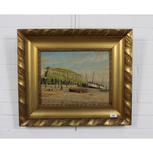 106 - JOS MCINNES (fl. 1920 - 1940) untitled shore scene with fishing boats, signed oil on board, framed, ... 