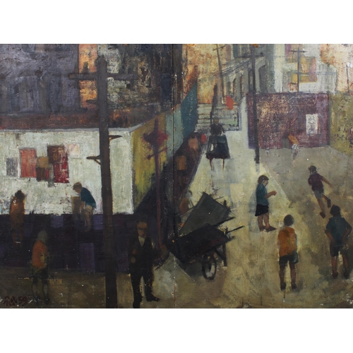 108 - GEOFFREY JOHN ROPER (SCOTTISH b.1942) untitled Street Scene with figures, large scale oil on board, ... 