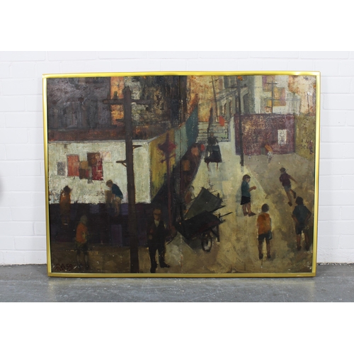 108 - GEOFFREY JOHN ROPER (SCOTTISH b.1942) untitled Street Scene with figures, large scale oil on board, ... 