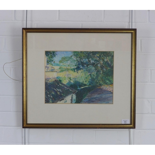 11 - GEOFFREY SQUIRE ARSA RSW RGI DFA (SCOTTISH 1923-2012)  GARDEN SCENE, signed mixed media, framed unde... 