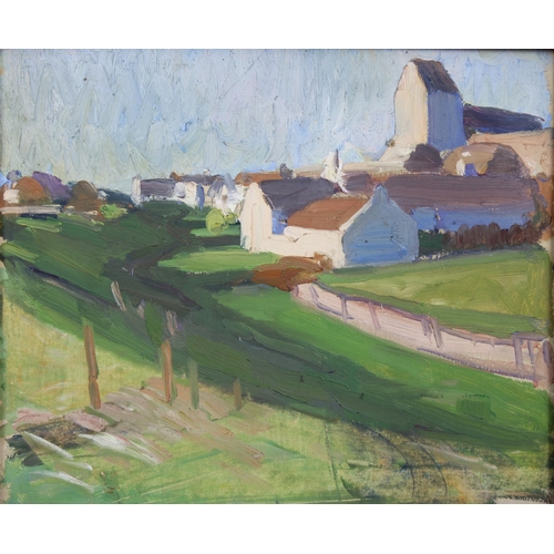 116 - DAVID MACBETH SUTHERLAND R.S.A. (SCOTTISH 1883-1974), AYRSHIRE 1927, oil on board, framed and inscri... 