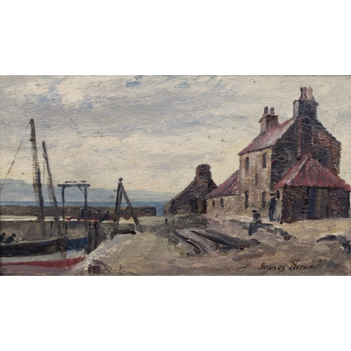 126 - JAMES HERON (SCOTTISH 1873-1919) Untitled Harbour Scene, signed oil on board, framed  & inscribed ve... 