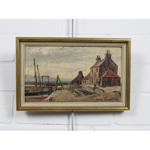 126 - JAMES HERON (SCOTTISH 1873-1919) Untitled Harbour Scene, signed oil on board, framed  & inscribed ve... 