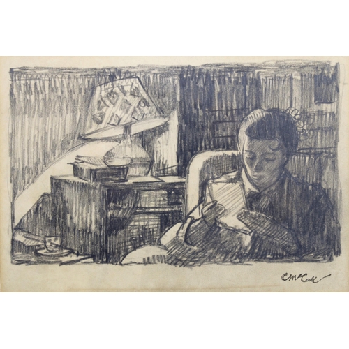 129 - CHARLES JAMES MCCALL (SCOTTISH 1907 - 1989), READING BY LAMPLIGHT, drawing on paper, signed and fram... 